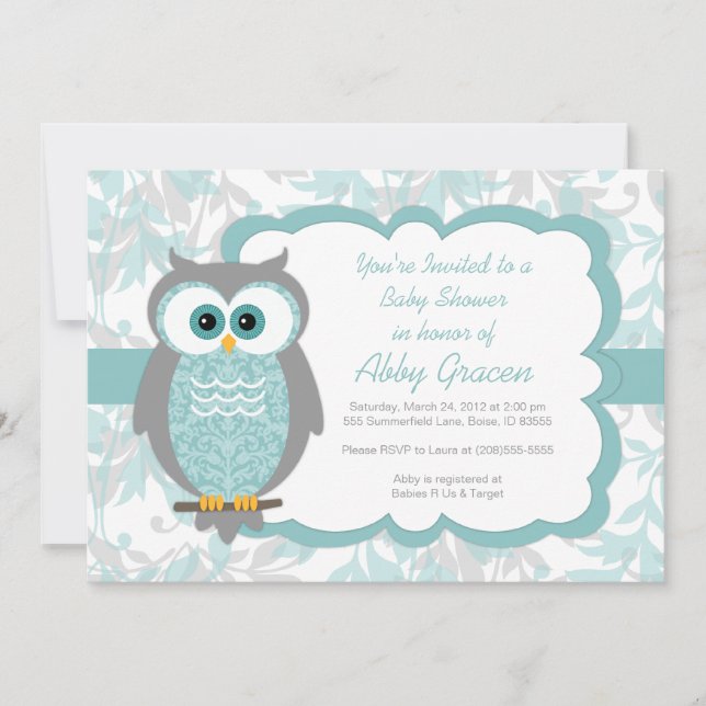 Invitations de baby shower de hibou, Aqua, gris - (Devant)