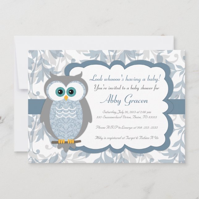 Invitations de baby shower de hibou, bleu, gris - (Devant)