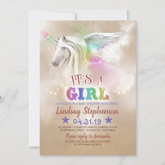 Invitations de baby shower de licorne (Devant)