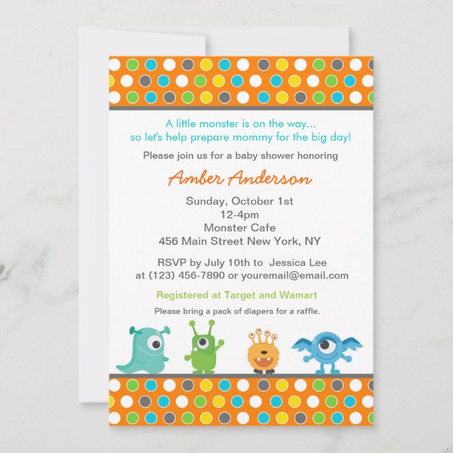 Invitations de baby shower de monstre (Devant)