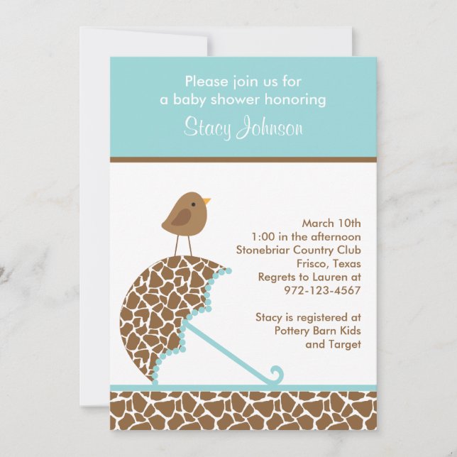 Invitations de Baby shower parapluie Giraffe (Turq (Devant)