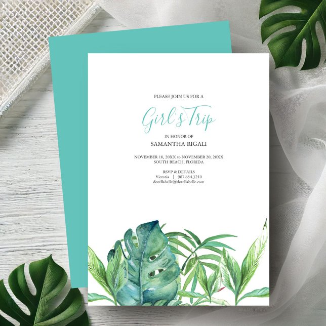 Invitations de Bachelorette de Plage Tropicale (Bachelorette party invitations watercolor tropical monstera palm leave art by Victoria Grigaliunas)