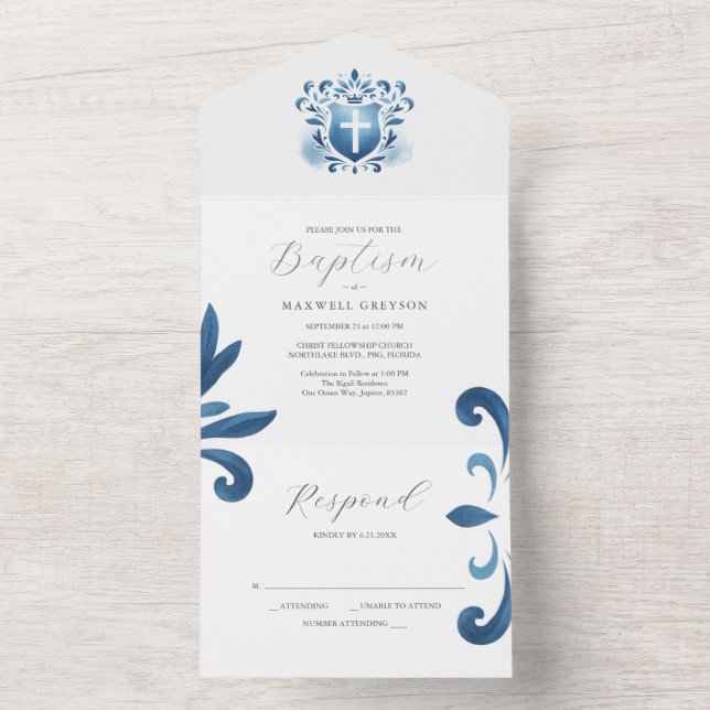 Invitations de baptême avec carte RSVP Dusty Blue  (À l'intérieur)