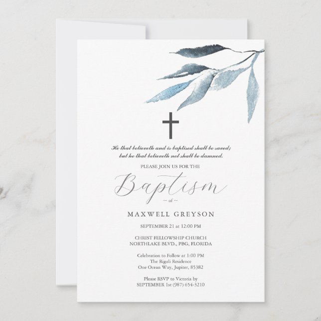 Invitations de baptême Dusty Blue Botanical (Devant)