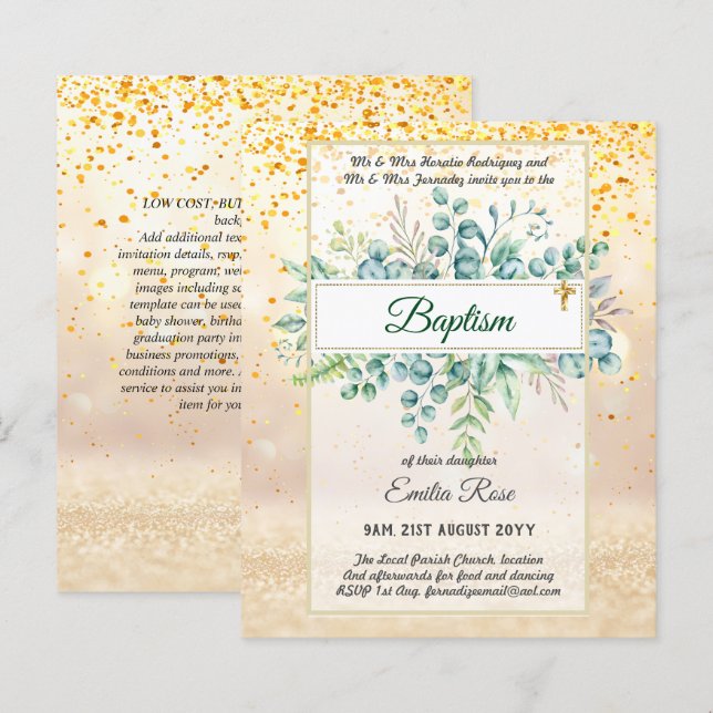 Invitations de baptême et de verdure à petit budge (Devant / Derrière)