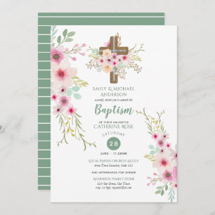 Invitations de Baptême Floral Pink Sage