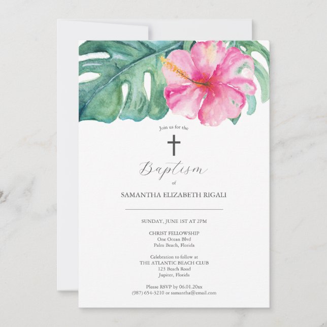 Invitations de baptême tropicale Hibiscus rose (Devant)