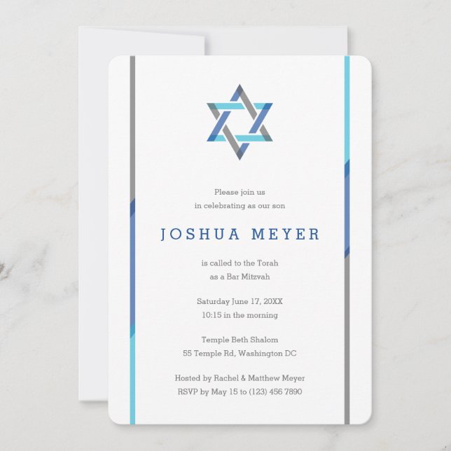Invitations de bar moderne Mitzvah | Bleu + Turquo (Devant)