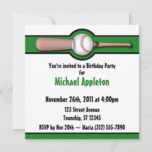 Invitations de base-ball Green Birthday (Devant)