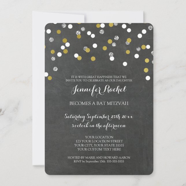 Invitations de Bat mitzvah Confetti Argent Chalkbo (Dos)