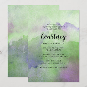 Invitations de Bat mitzvah d'aquarelle vert pourpr