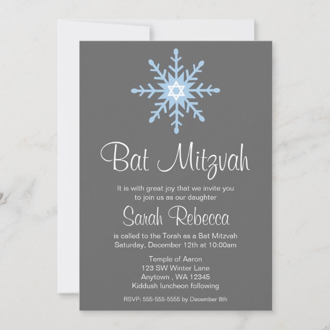 Invitations de Bat mitzvah de flocon de neige en h (Devant)