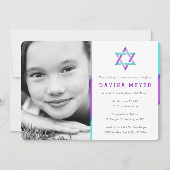 Invitations de Bat mitzvah photo | Violet + Turquo (Devant)