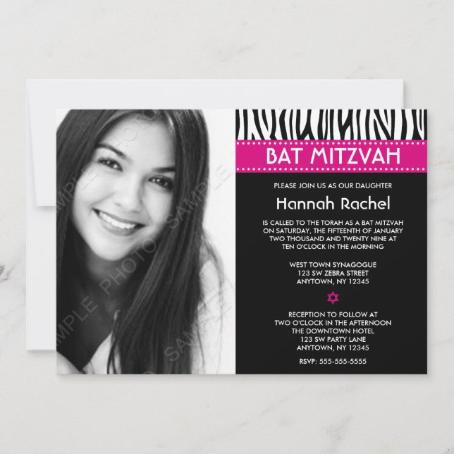 Invitations de Bat mitzvah photo Zebra Pink (Devant)