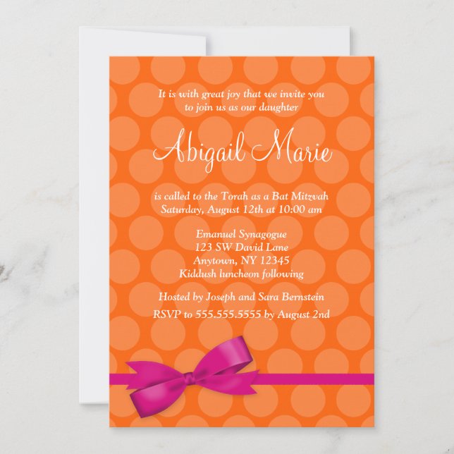 Invitations de Bat mitzvah Pink Orange Polka Dot B (Devant)