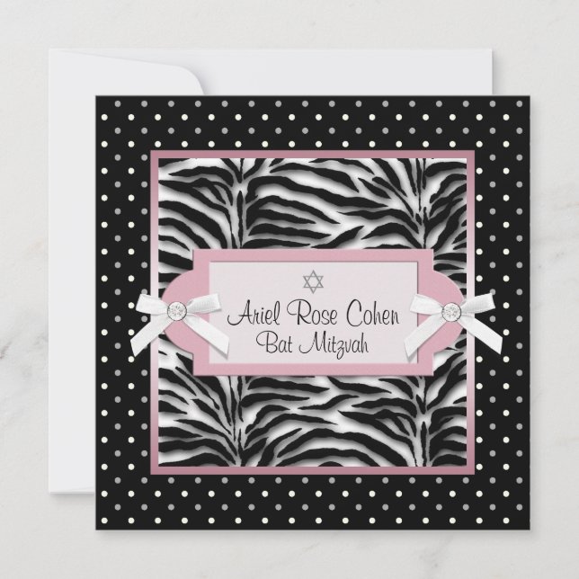 Invitations de Bat mitzvah pois Pink Zebra (Devant)