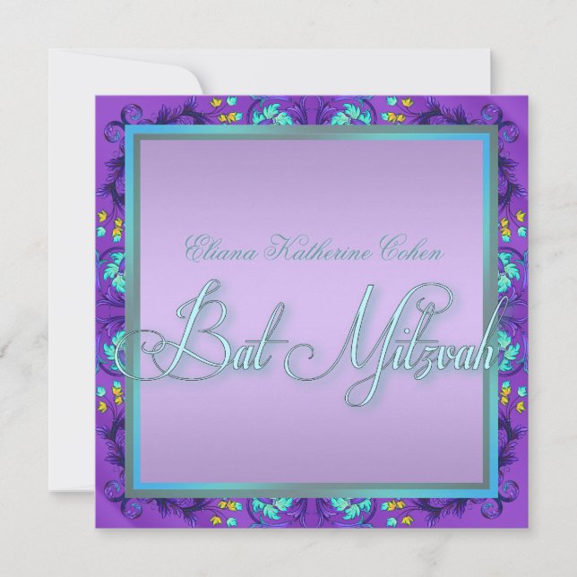 Invitations de Bat mitzvah turquoise bleu pourpre (Devant)