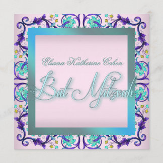 Invitations de Bat mitzvah turquoise bleu rose