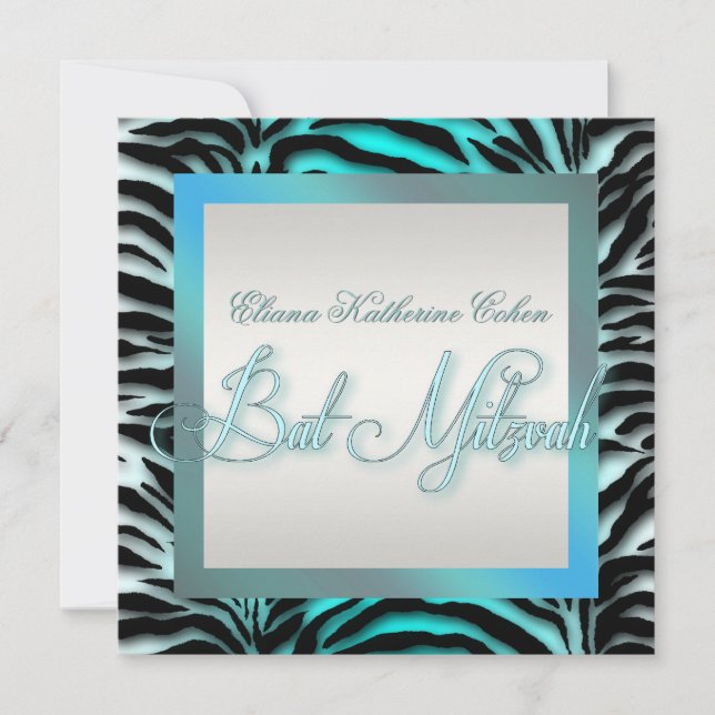 Invitations de Bat mitzvah turquoise Blue Zebra (Devant)