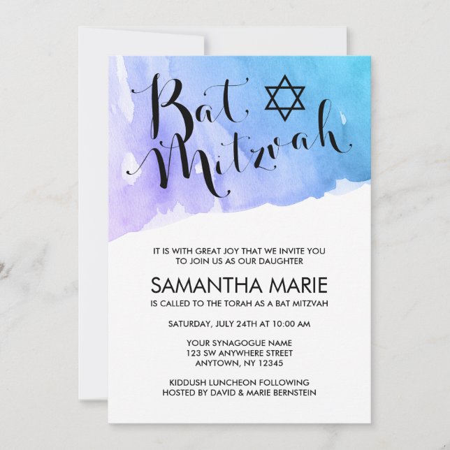 Invitations de Bat mitzvah Turquoise d'aquarelle v (Devant)
