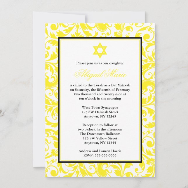Invitations de Bat mitzvah Yellow Swirl Damask (Devant)