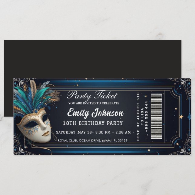  invitations de billet de parti bleu  (Devant / Derrière)