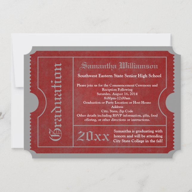 Invitations de billets de diplômes en rouge et gri (Devant)