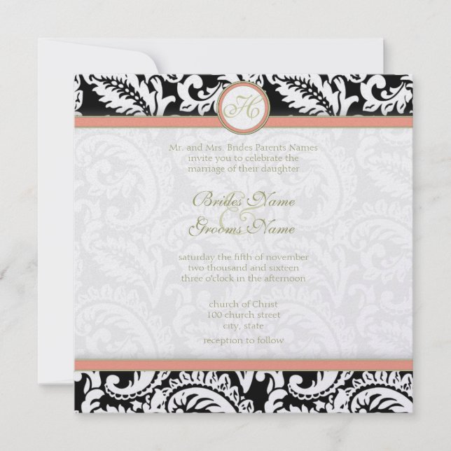 Invitations de Black and Coral Mariage damassé (Devant)