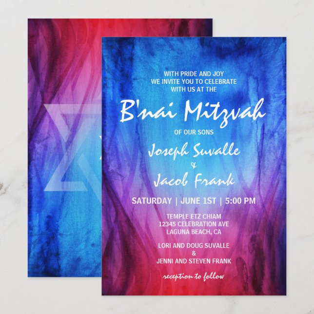 Invitations de B'nai Mitzvah | Rouge bleu | Glace  (Devant / Derrière)