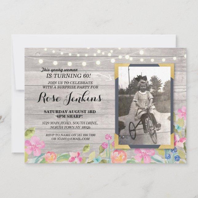 Invitations de bois rustique floral pour l'anniver (Devant)