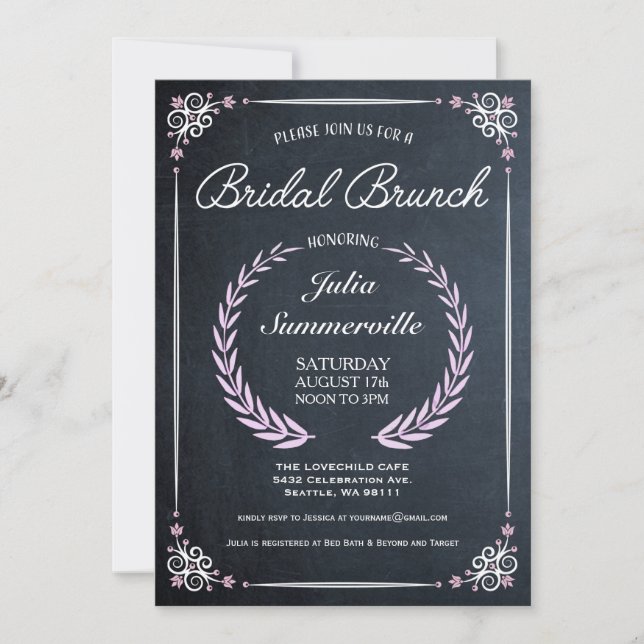 Invitations de brunch en tableau noir floral rose (Devant)