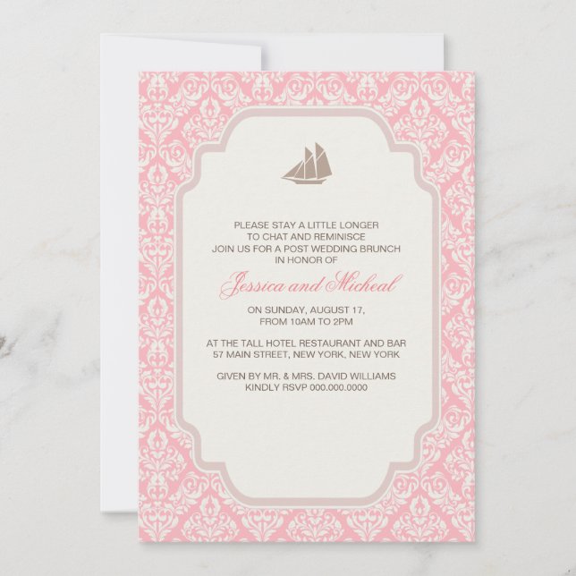 Invitations de Brunch Mariage Pink Damask (Devant)