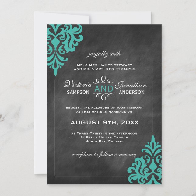 Invitations de Chalkboard Turquoise Mariage damass (Devant)