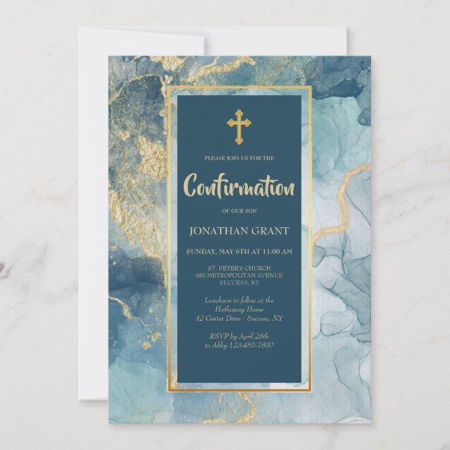 Invitations de confirmation bleue et or (Devant)
