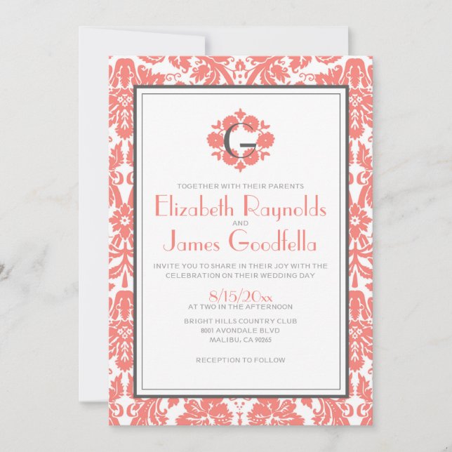 Invitations de Coral Monogramme Mariage damassé (Devant)