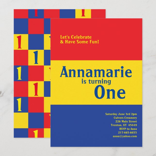 Invitations de coupures colorées primaires 1er ann (Devant / Derrière)