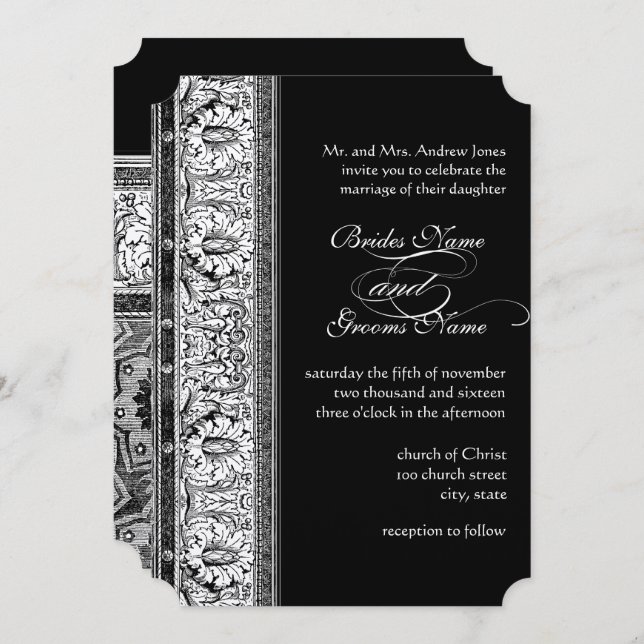 Invitations de Deco Black Mariage damassé (Devant / Derrière)