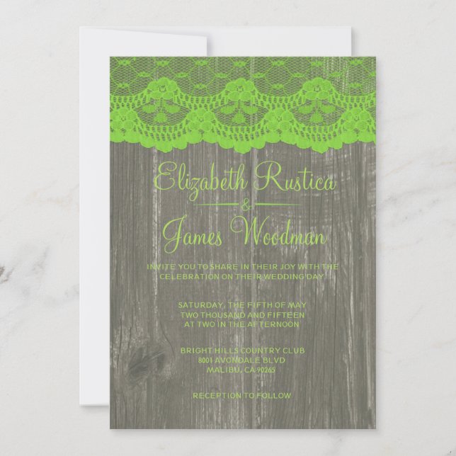 Invitations de dentelle et de mariage en bois vert (Devant)