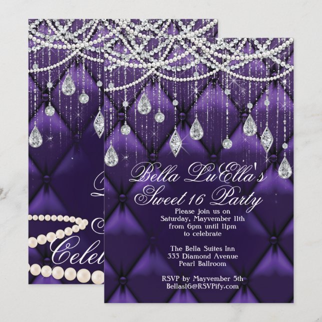 Invitations de Diamond, Pearls et Bling Party (Devant / Derrière)