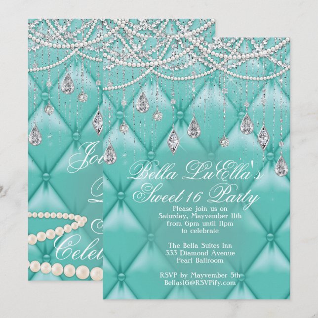 Invitations de Diamond, Pearls et Bling Party (Devant / Derrière)