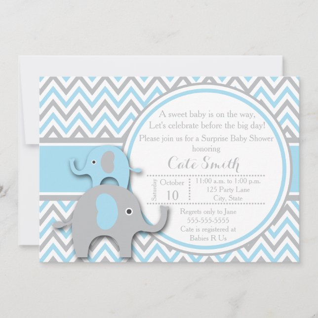 Invitations de douche bébé éléphant, bleu et gris (Devant)