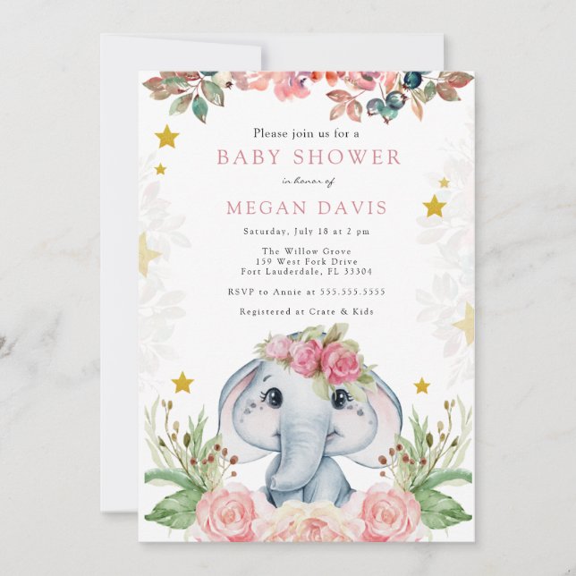 Invitations de douche bébé éléphant Fleur rose (Devant)