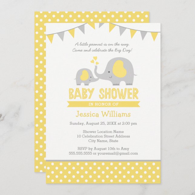 Invitations de douche bébé éléphant | Jaune et gri (Devant / Derrière)