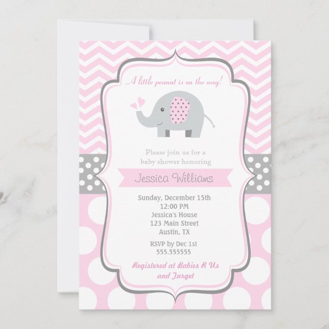 Invitations de douche bébé éléphant pour fille (Devant)