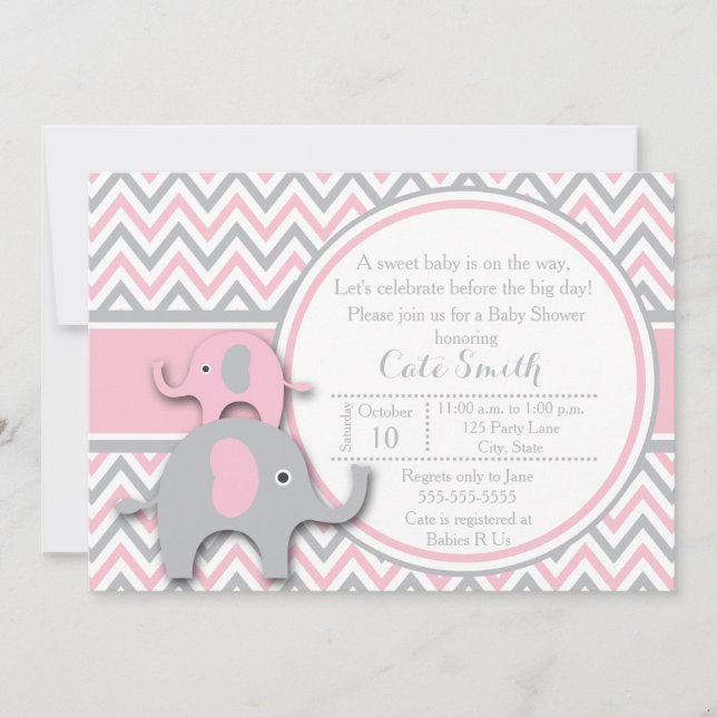 Invitations de douche bébé éléphant, rose et gris (Devant)