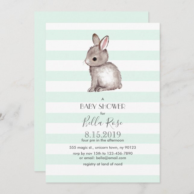 Invitations de douche bébé lapin gris à la menthe (Devant / Derrière)