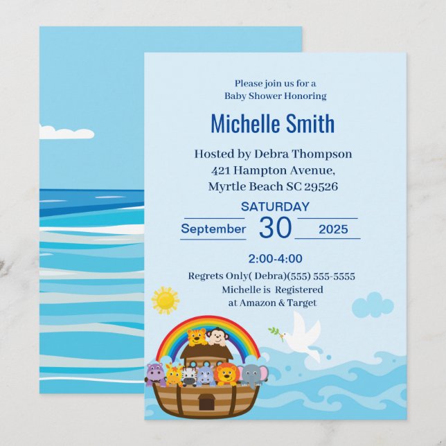 Invitations de douche bébé Noah's Ark (Devant / Derrière)