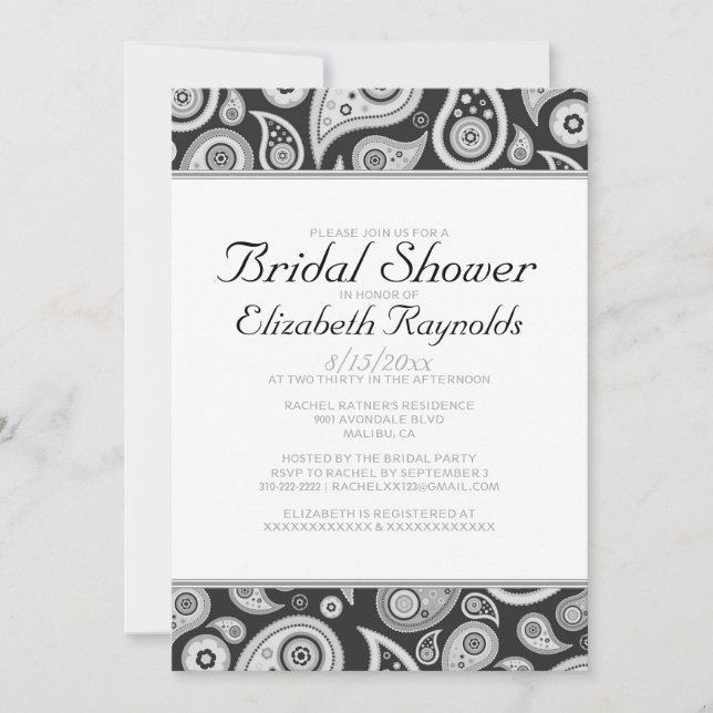 Invitations De Douche Bridal De Paisley Noir Et Bl (Devant)