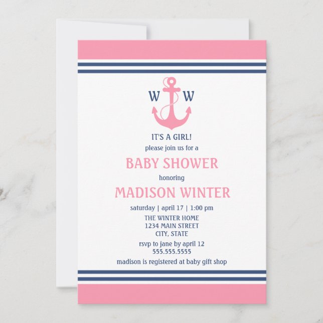 Invitations de douche de bébé rose nautique (Devant)