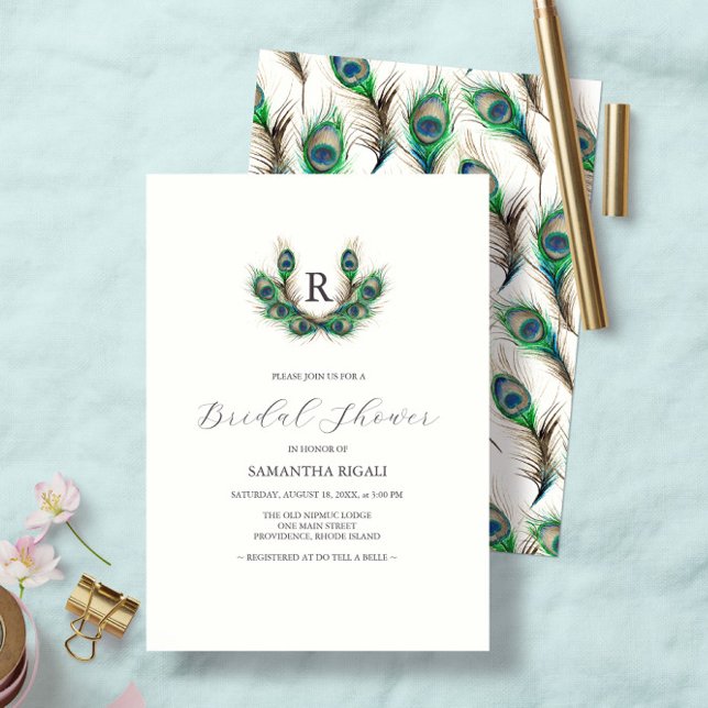 Invitations de douche nuptiale Aquarelle Peacock (Monogrammed Bridal Shower Invitations feature watercolor peacock feathers by Victoria Grigaliunas )
